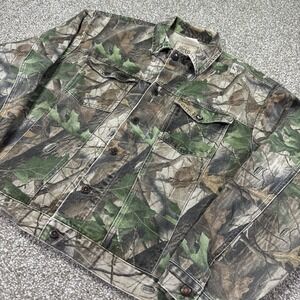 Camo Denim Jacket Wrangler Vintage Trucker Size XL Essentials Faded Distressed